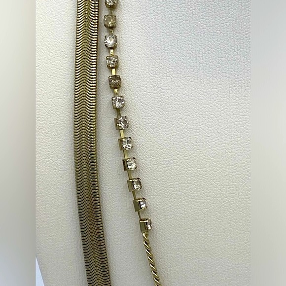 Chicos Muted Gold Tone Long Snake Chain Muti Textured With Rhinestones Necklace - Picture 4 of 8
